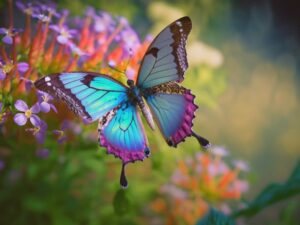 Blue and magenta iridescent butterfly on purple and orange flowers, summertime