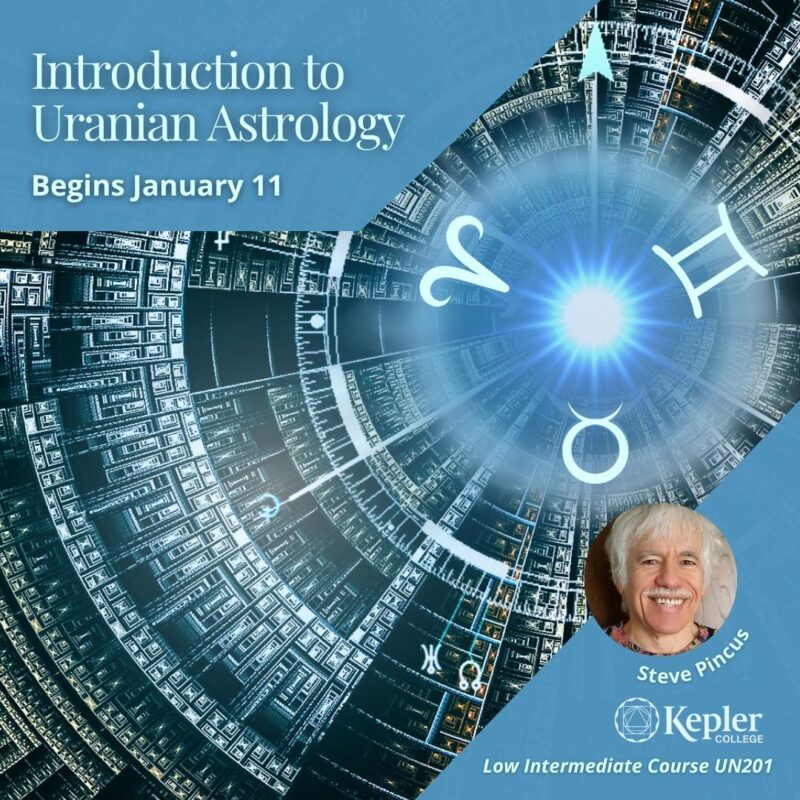 Uranian astrology symmetry dial with Aries, Taurus, and Gemini glyphs, abstract circular modern minimalism design, radiating outwards from clear light blue glowing center, portrait of Steve Pincus, Kepler College logo
