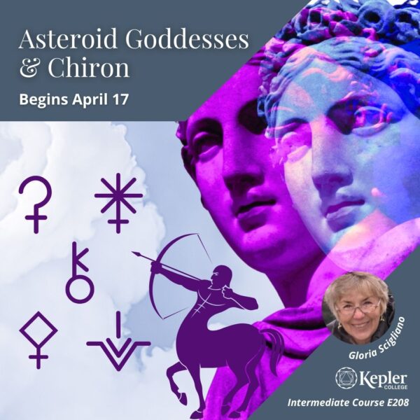 Split images of Greek goddess statue in fuchsia, lavender, and light blue, outline graphic of centaur pulling back bow and arrow, aiming at glyphs for Juno, Ceres, Chiron, Vesta, Pallas Athena floating against billowing clouds, portrait of Gloria Scigliano, Kepler College logo