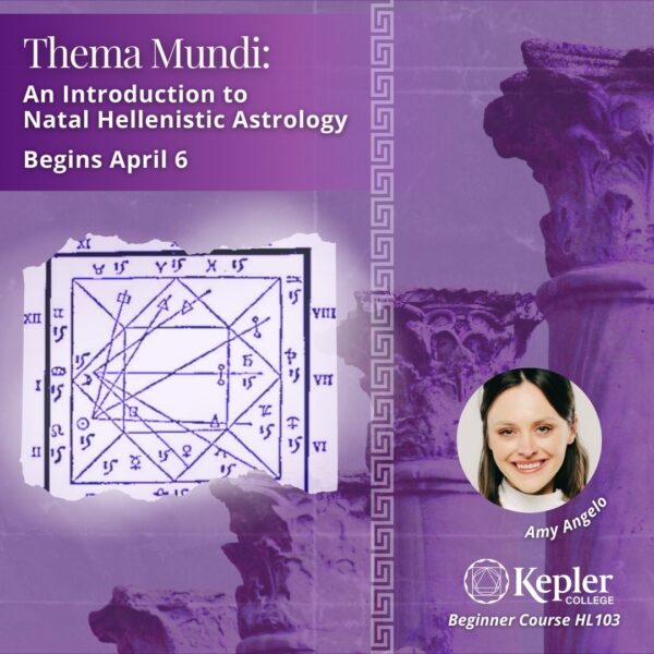 Thema Mundi chart in traditional square horoscopic chart format, four Corinthian columns graduating in size in the distance, greek decorative border "meander design," portraiot of Amy Angelo, Kepler College logo