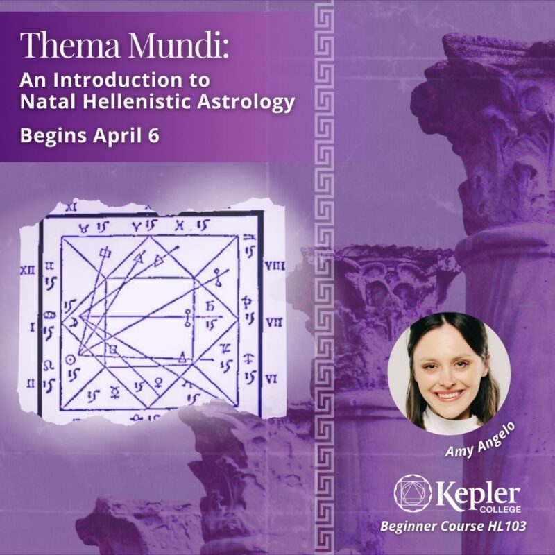 Thema Mundi chart in traditional square horoscopic chart format, four Corinthian columns graduating in size in the distance, greek decorative border "meander design," portrait of Amy Angelo, Kepler College logo