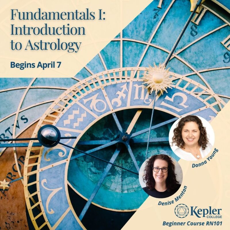 Famous Belgian clockface with zodiac glyphs, portraits of Donna Yound and Denise Menton, Kepler College logo