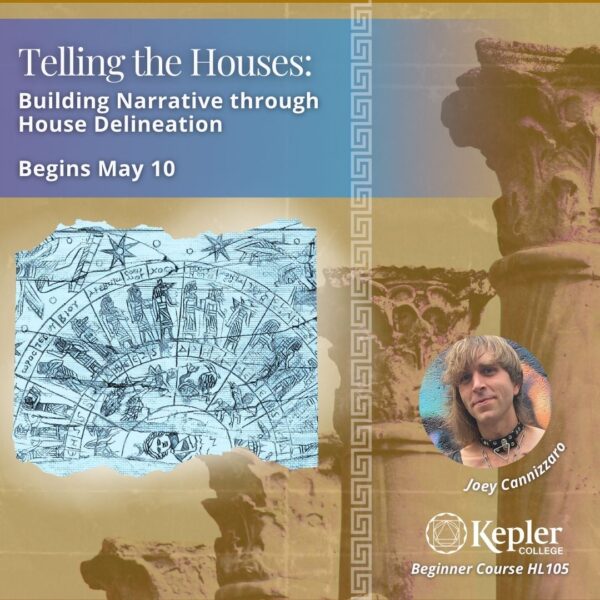 Ancient Hellenistic greek ivory board with astrology chart, houses drawing, four Corinthian columns graduating in size in the distance, greek decorative border "meander design," portrait of Joey Cannizzaro, Kepler College logo