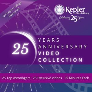 Kepler colors gradient, teal magenta, purple, glowing cresent with number 25, silver fireworks, film reel, Kepler College 25th Anniversary logo, celebrating 25 years