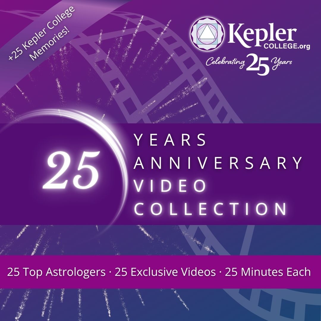 Kepler colors gradient, teal magenta, purple, glowing cresent with number 25, silver fireworks, film reel, Kepler College 25th Anniversary logo, celebrating 25 years