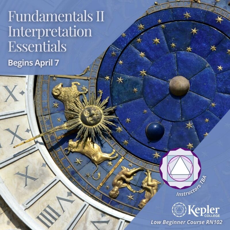 Famous public clock face with golden zodiac symbols, cobalt blue, roman numerals, Kepler College logo