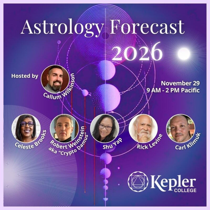 Stylized abstract design with orbs, circles, lines, spirals, lights radiating rays, portraits of Celeste Brooks, Robert Weinstein, "aka Crypto Damus," Shu Yap, Rick Levine, Carl Klimuk, Kepler College logo