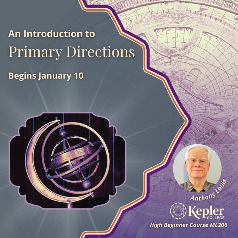 Persian era astrolabe, shades of platinum and purple, photo of antique armillery sphere, Persian decorative design, portrait of Anthony Louis, Kepler College logo