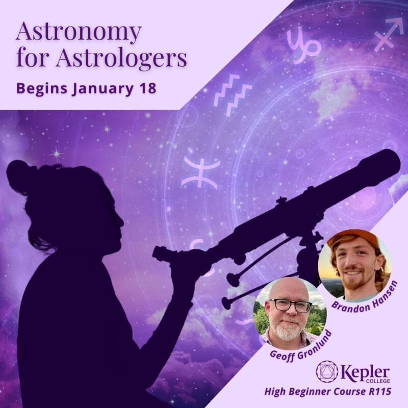 Silhouette of woman with telescope against purple night sky with stars, zodiac wheel with glyphs, portraits of Brandon Hansen and Geoff Gronlund, Kepler College logo