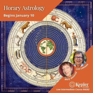 Renaissance manuscript painting of earth inside celestial spheres, encircled by zodiac, framed by constellation map in indigo blue, portraits of Lee Lehman and Mary Gaterud, Kepler College logo
