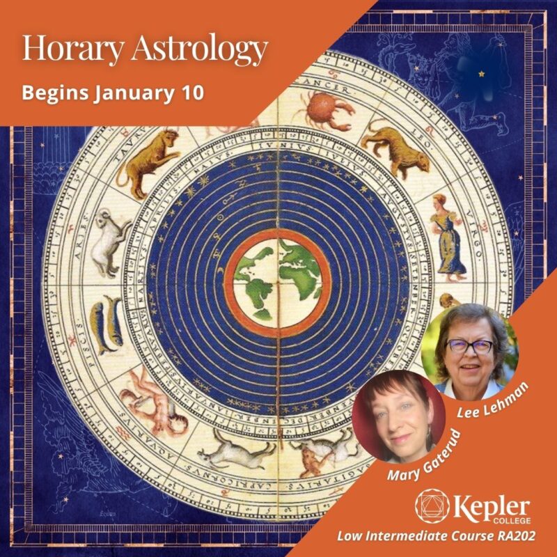 Renaissance manuscript painting of earth inside celestial spheres, encircled by zodiac, framed by constellation map in indigo blue, portraits of Lee Lehman and Mary Gaterud, Kepler College logo
