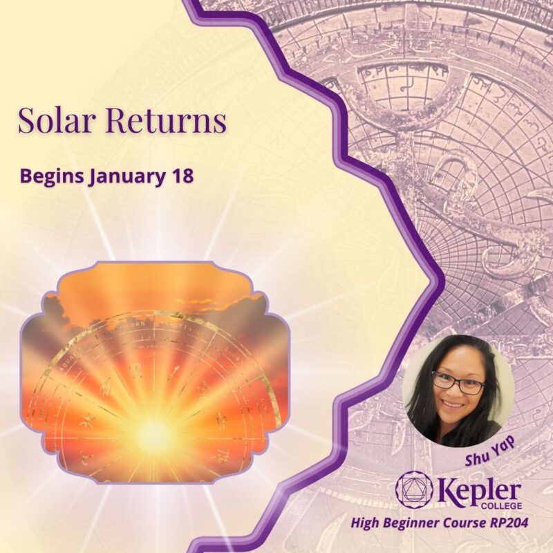 Persian era astrolabe, shades of gold and light yellow, sun with rays at sunset, golden zodiacal wheel, Persian decorative design, portrait of Shu Yap, Kepler College logo