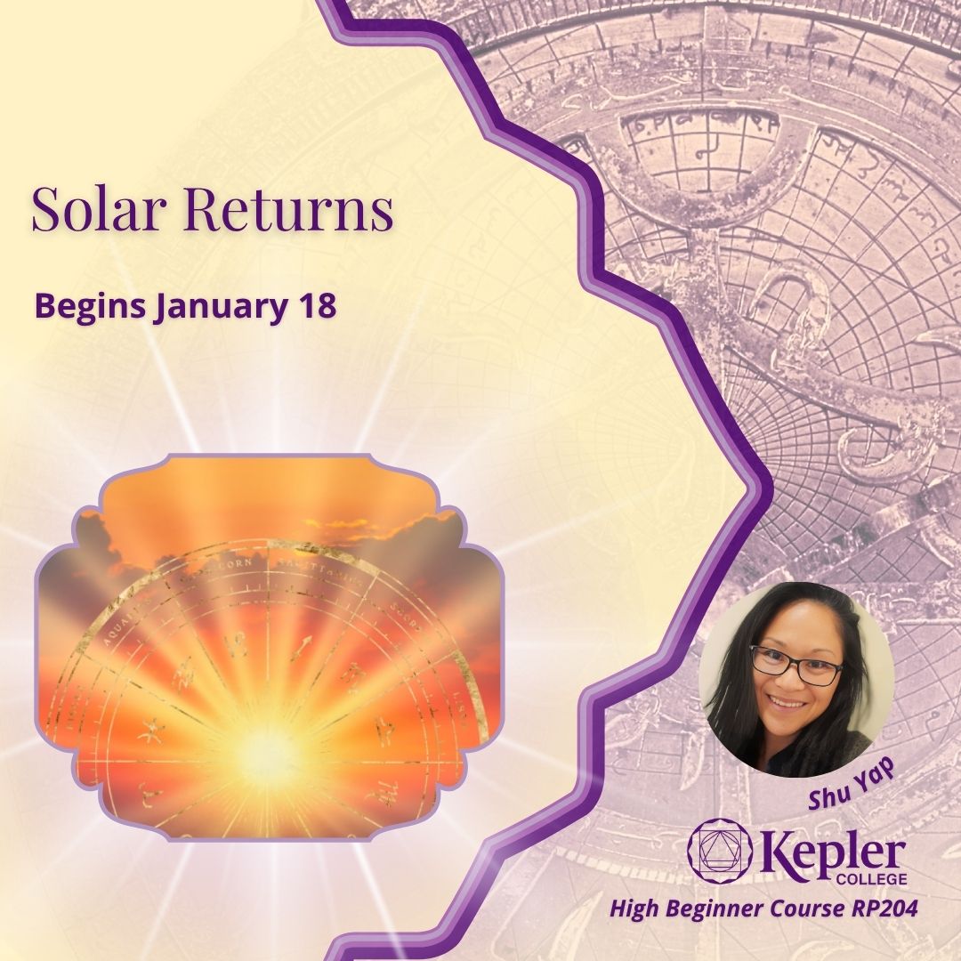 Persian era astrolabe, shades of gold and light yellow, sun with rays at sunset, golden zodiacal wheel, Persian decorative design, portrait of Shu Yap, Kepler College logo