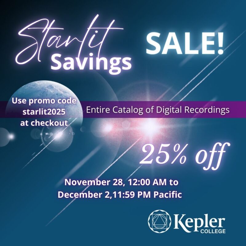 glowing stars, diagonal lens flare on deep teal background, 25% off sale, Kepler College logo