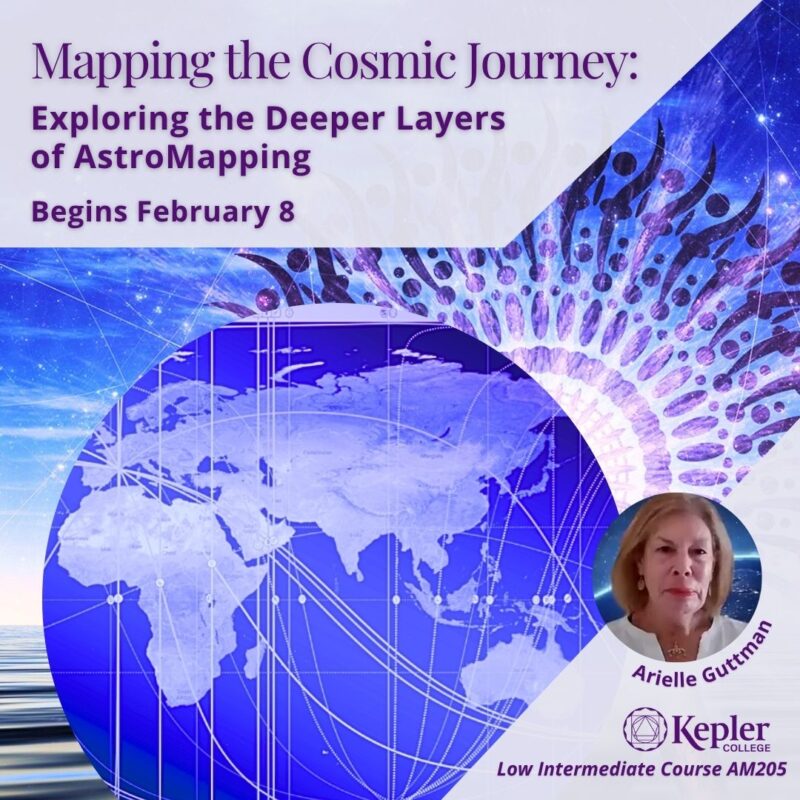 AstroMap of planets inside of globe, overlaid on seascape with cosmic purple mandala setting over the ocean, pattern of lines connecting stars in the sky, portrait of Arielle Guttman, Kepler College logo