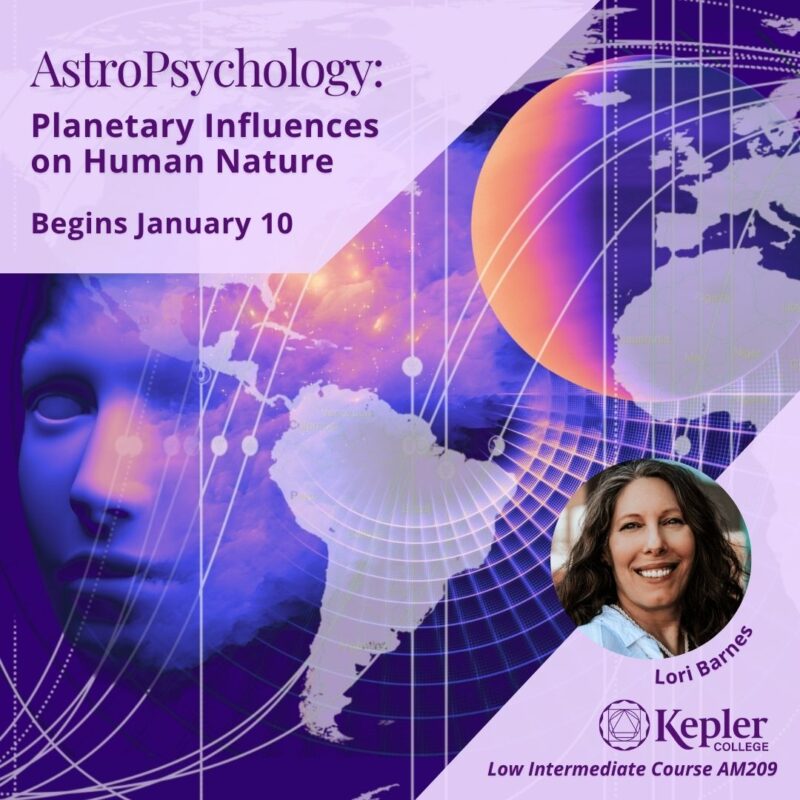 Silhouette of face with planets, AstroCartoGraphy map with planetary lines, continents, portrait of Lori Barnes, Kepler College logo