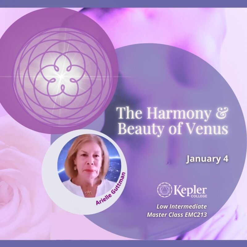 Five-fold "flower" of Venus orbital pattern, with shining star of Venus behind it, Venus de Milo sculpture, rose, portrait of Arielle Guttman, Kepler College logo