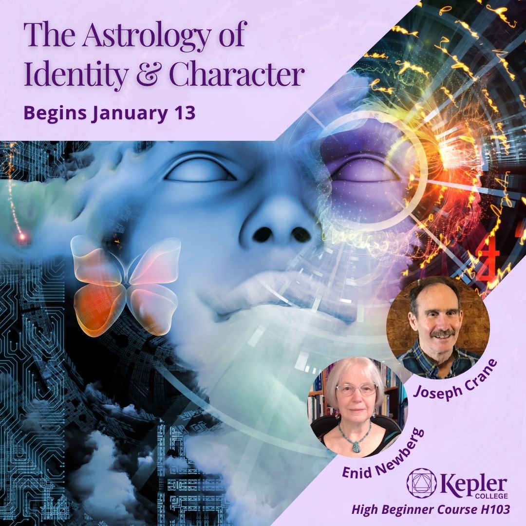 Ethereal cosmic face in clouds, circular energetic imprint, glowing butterfly, the soul entering through the astrology chart into 3d, portraits of Enid Newberg and Joseph Crane, Kepler College logo