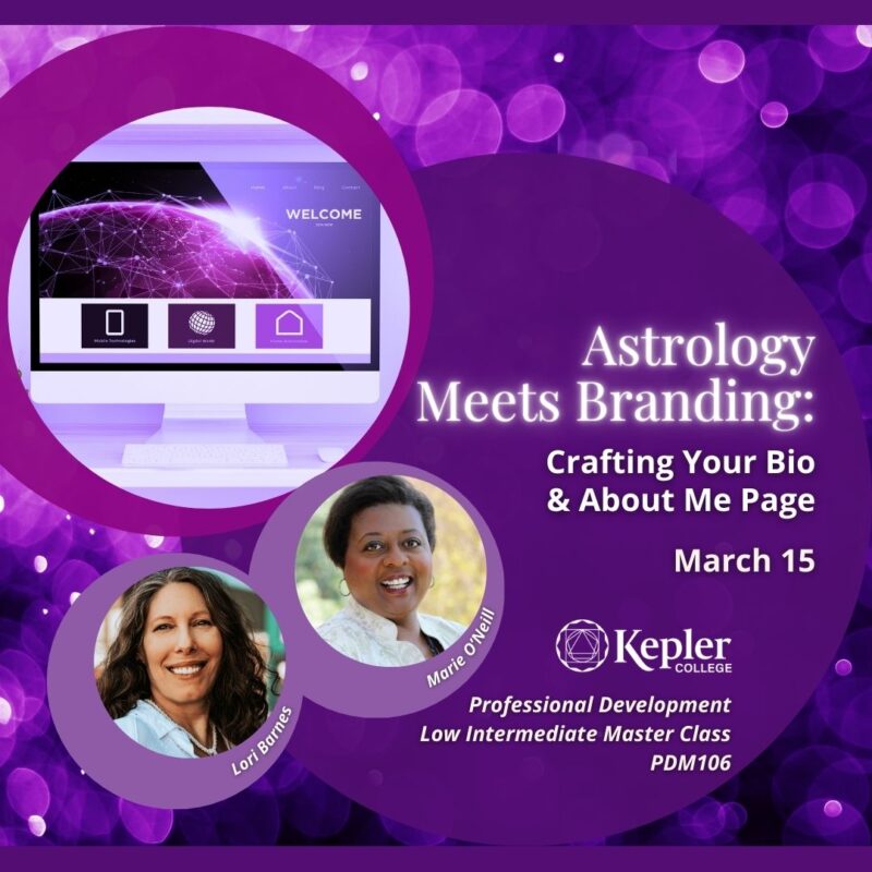 Purple glowing celebratory bokeh background, computer with welcome page of website on screen, glowing magenta earth from space, at sunrise, with digital connections, portraits of Marie O'Neill and Lori Barnes, Kepler College logo