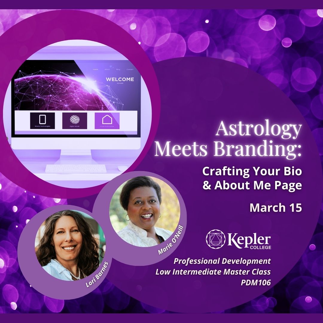 Purple glowing celebratory bokeh background, computer with welcome page of website on screen, glowing magenta earth from space, at sunrise, with digital connections, portraits of Marie O'Neill and Lori Barnes, Kepler College logo