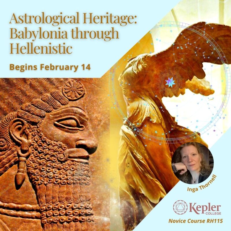 Babylonian/Assyrian wall relief carving of man with beard, facing Winged Victory of Samothrace, most famous Hellenistic period winged headless statue, constellation map and stars, portrait of Inga Duncan Thornell, Kepler College logo