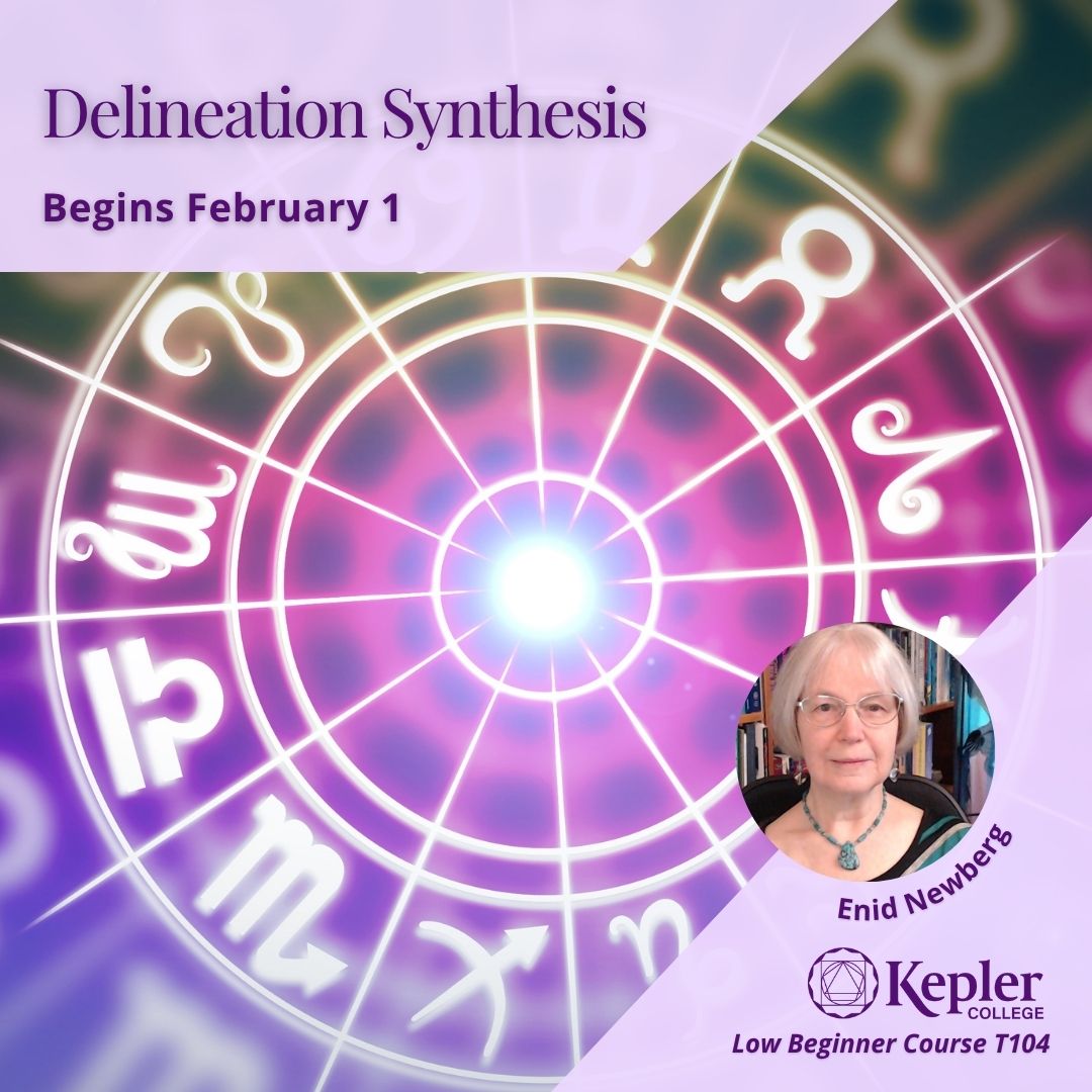 Kaleidoscopic, glowing revolving zodiac wheel with transposed image of itself in background, shades of pink, purple, fading to green and yellow, portrait of Enid Newberg, Kepler College logo