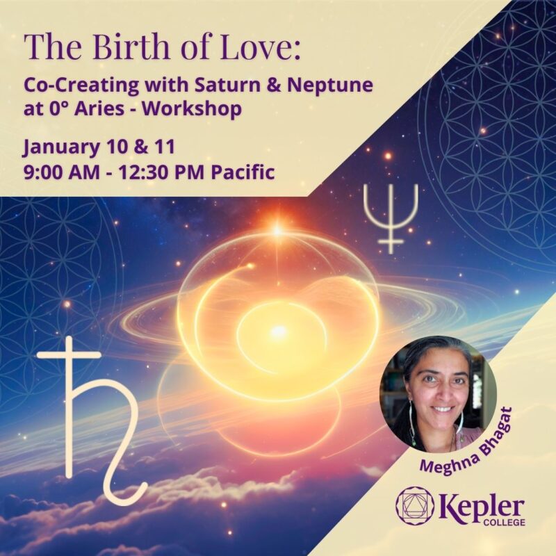 Astrological glyphs for Saturn and Neptune, floarting in space with stars above the earth's horizon, illuminated clouds, glowing circles, flower of life patterns, portrait of Meghna Bhagat, Kepler College logo