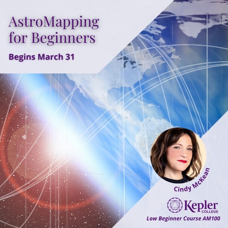 Earth from space, glowing sun appearing at horizon, astromapping planetary lines and continents, portraits of Cindy McKean and Lori Barnes, Kepler College logo