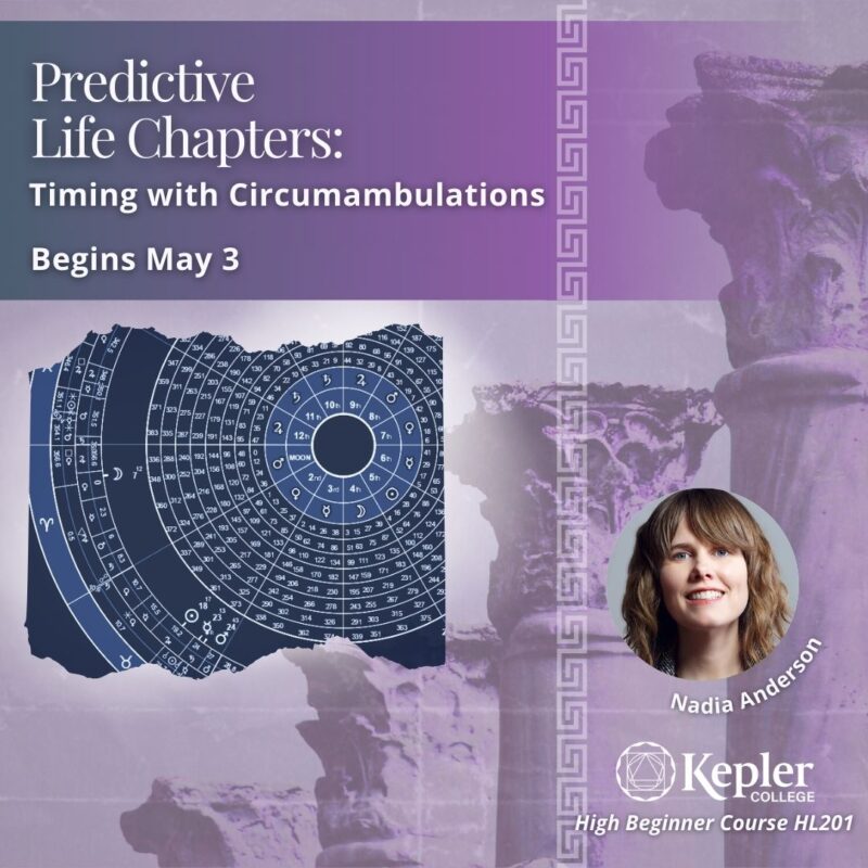 Zodiac wheel graphic showing planetary glyphs and Circumambulation through the bounds, four Corinthian columns graduating in size in the distance, greek decorative border "meander design," portrait of Nadia Anderson, Kepler College logo