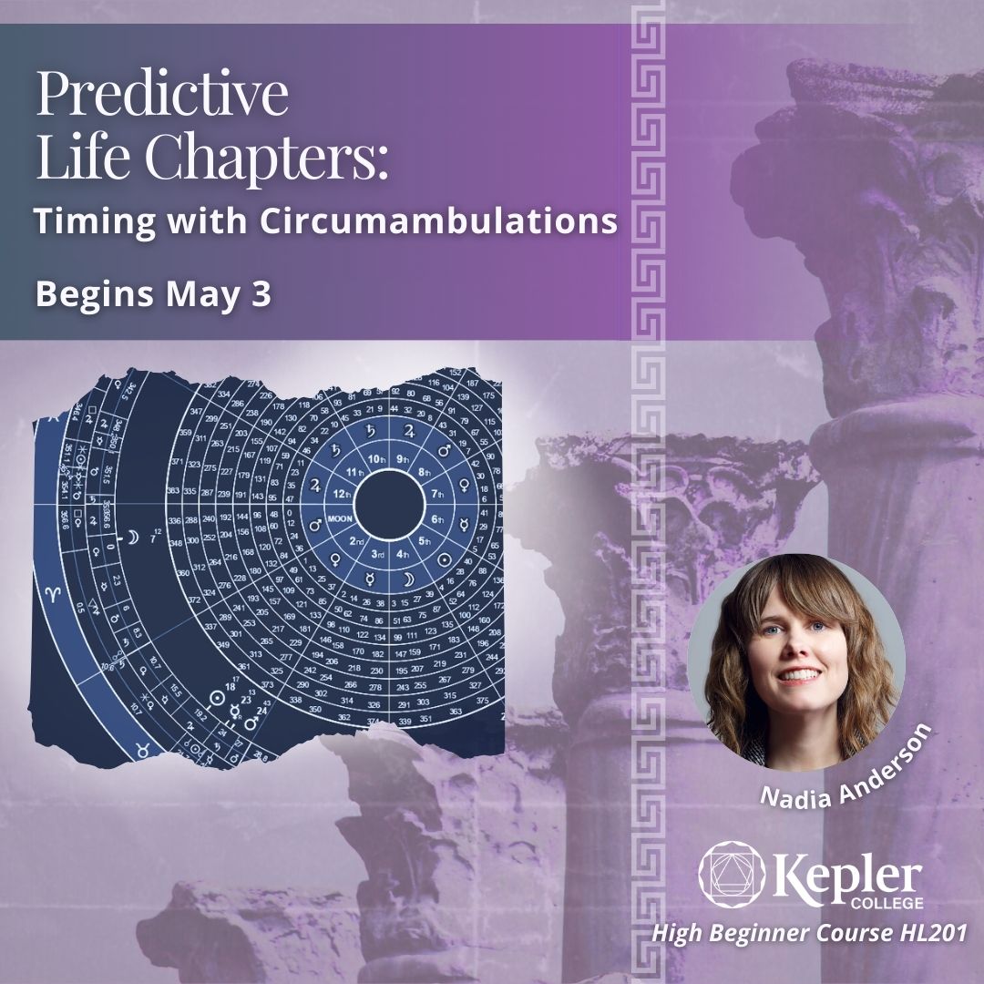 Zodiac wheel graphic showing planetary glyphs and Circumambulation through the bounds, four Corinthian columns graduating in size in the distance, greek decorative border "meander design," portrait of Nadia Anderson, Kepler College logo