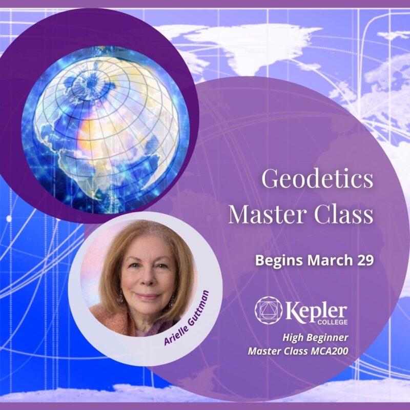 AstroMapping planetary lines with continents map in deep blue, glowing earth with geodetic latitude and longitude lines, portrait of Arielle Guttman, Kepler College logo