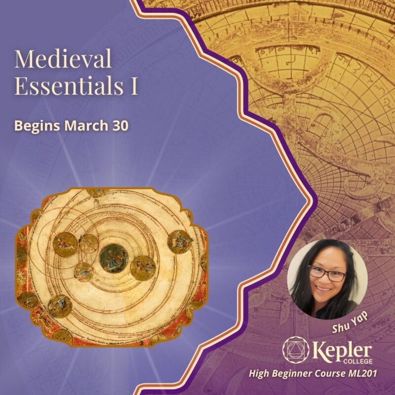 Persian era astrolabe, shades of gold and purple, Medieval illuminated manuscript of planetary motion, Persian decorative design, portrait of Shu Yap, Kepler College logo