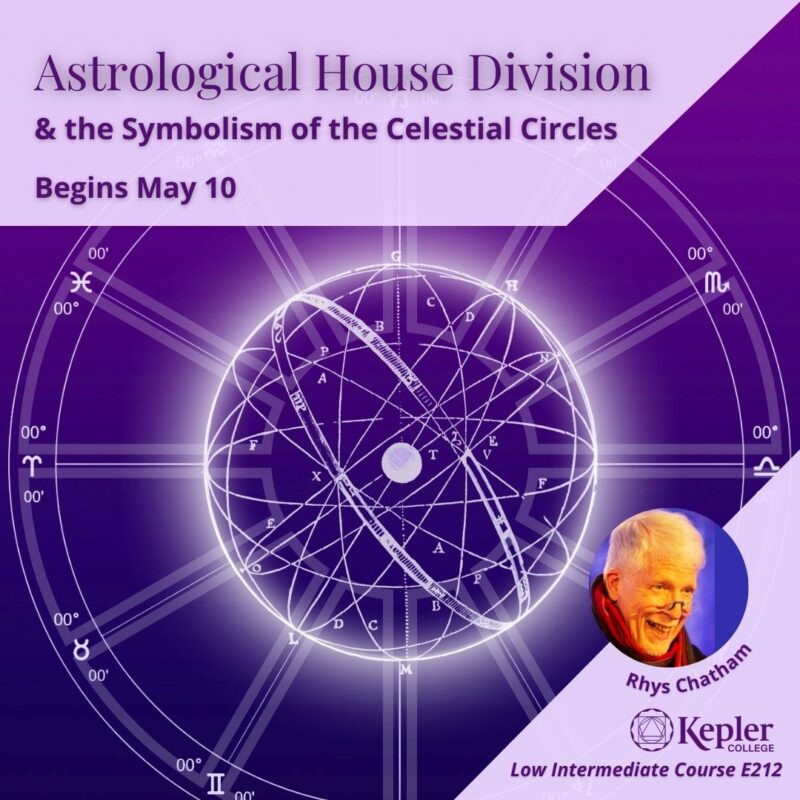 White design on purple and magenta gradient background of vintage drawing with multiple interlocking circles around globe, inscribed on whole sign zodiacal wheel with glyphs and faint lines marking the houses cusps, portrait of Rhys Chatham, Kepler College logo