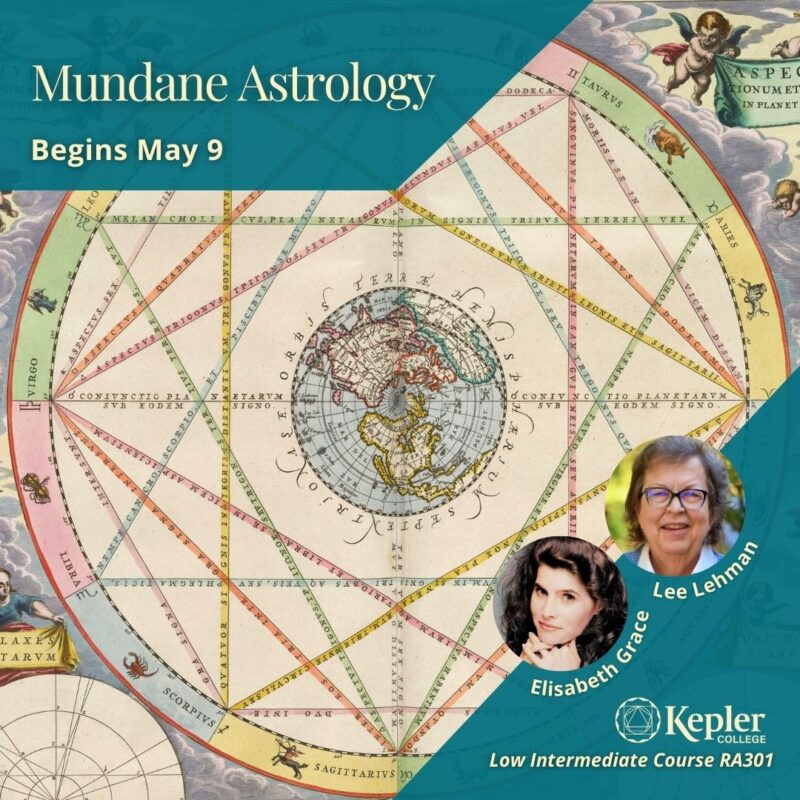 Multi colored engraving from 1661 by Andreas Cellarius, depicting earth inside of Zodiac wheel with glyphs, and renaissance style names, multicolored rays criss crossing to form a star, angels holding banners with Latin inscriptions, portraits of Lee Lehman and Elisabeth Grace, Kepler College logo