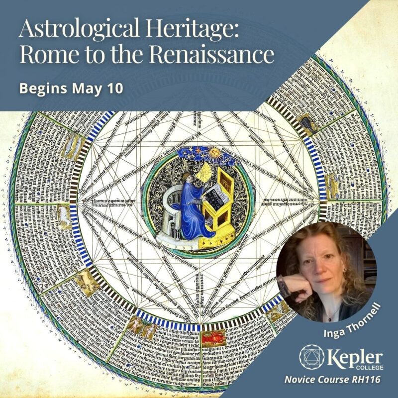Medieval Manuscript drawing of astrologer at center of polygon of aspects, zodiac symbols, latin script, portrait of Inga Thornell, Kepler College logo