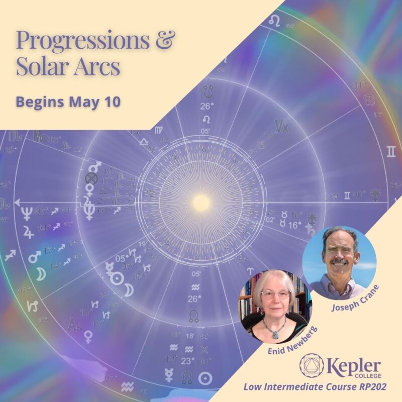 Biwheel astrology charts showing progressions to natal, glowing sun at center radiating lines, rainbow prism at edges, portraits of Joseph Crane and Enid NewbergKepler College logo