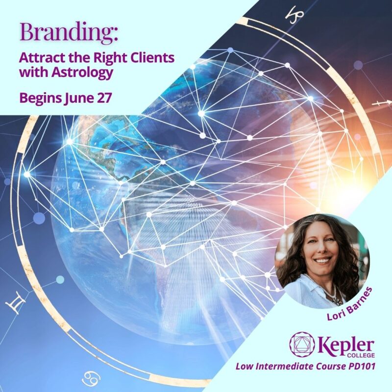 Abstract digital art Earth surrounded by connections, zodiac wheel, portrait of Lori Barnes, Kepler College logo