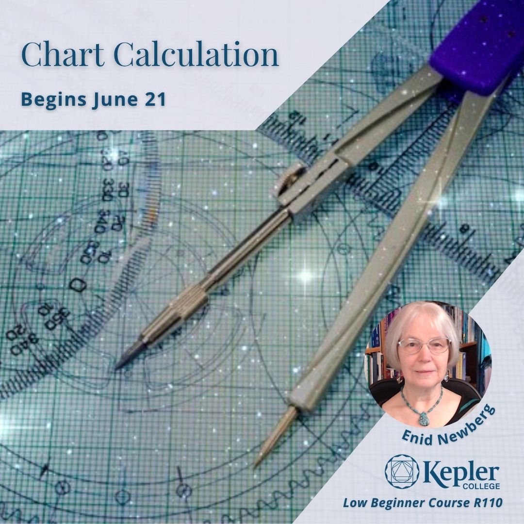 Compass and protractors lying on graph paper, drawn wheels, Starry field overlay, portrait of Enid Newberg, Kepler College logo