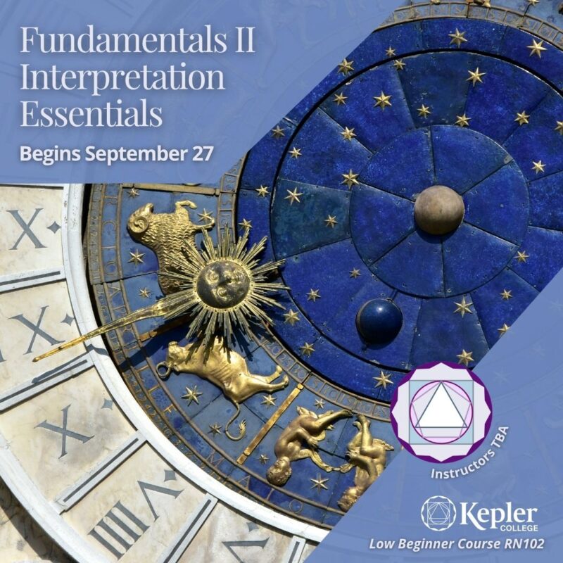 Famous public clock face with golden zodiac symbols, cobalt blue, roman numerals, Kepler College logo